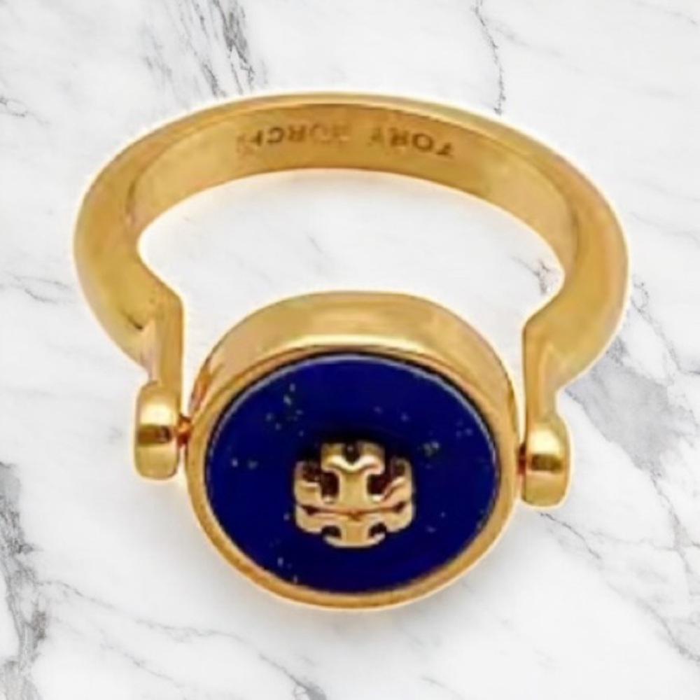 New Tory Burch Kira Double-Sided Reversible Logo Ring Blue Size 6 - 6 1/2